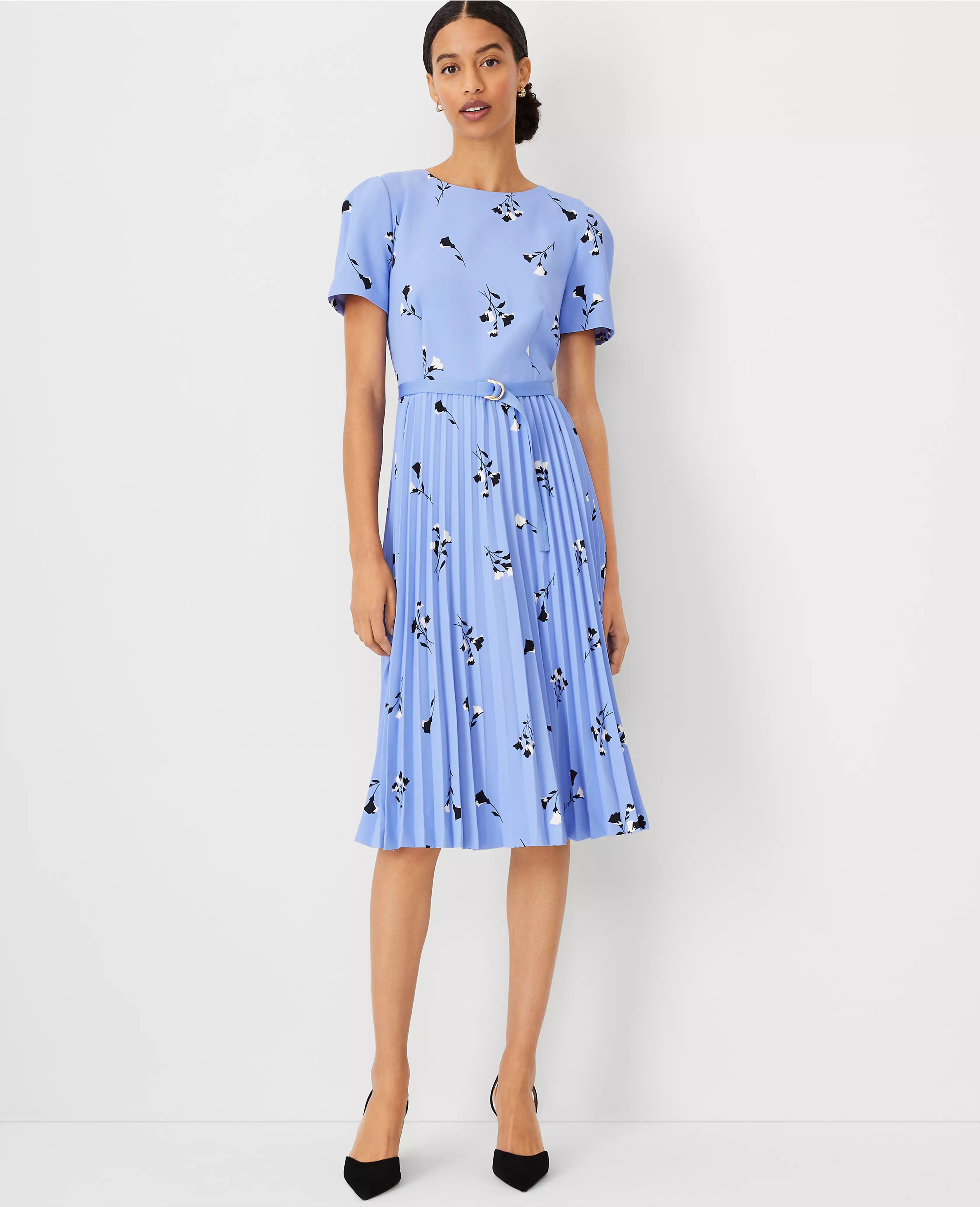 Floral Pleated Belted Flare Dress | Ann Taylor (US)