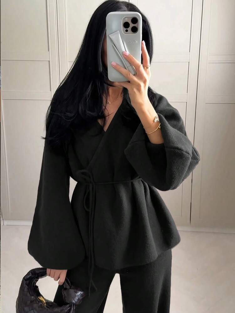 Siren Gaze Autumn/Winter New Solid Color Loose Tie Knit Cardigan Casual Black | SHEIN