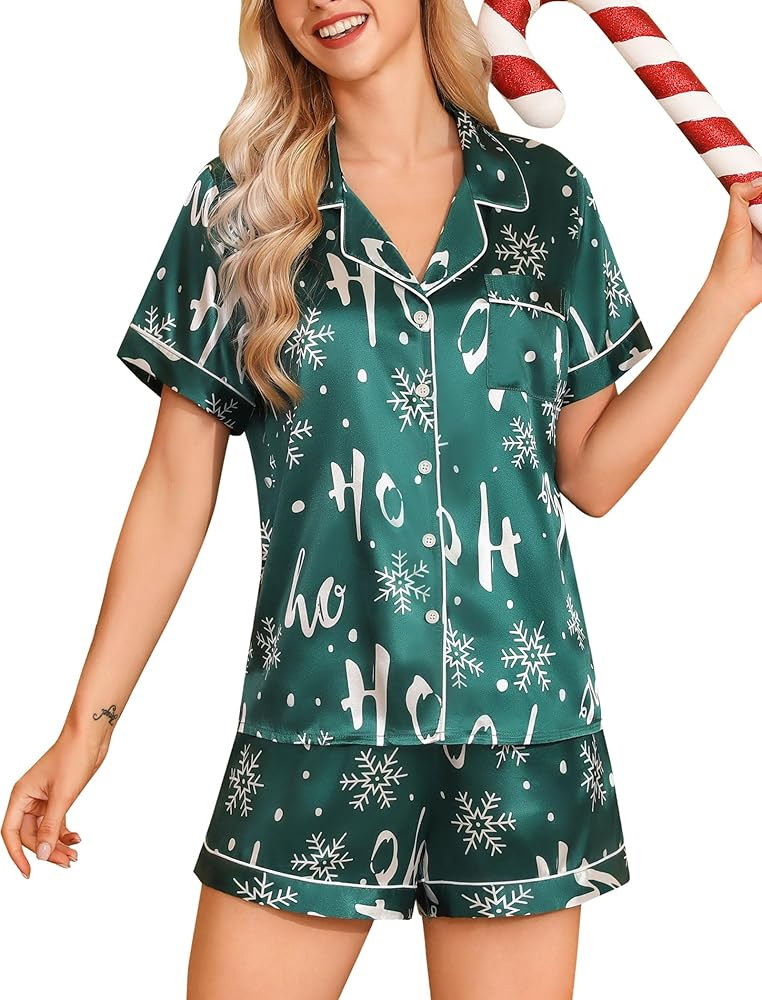 Senert Womens Silk Satin Pajamas Short Sleeve Button Down Pjs Set Sleepwear Two Piece Pjs Shorts ... | Amazon (US)