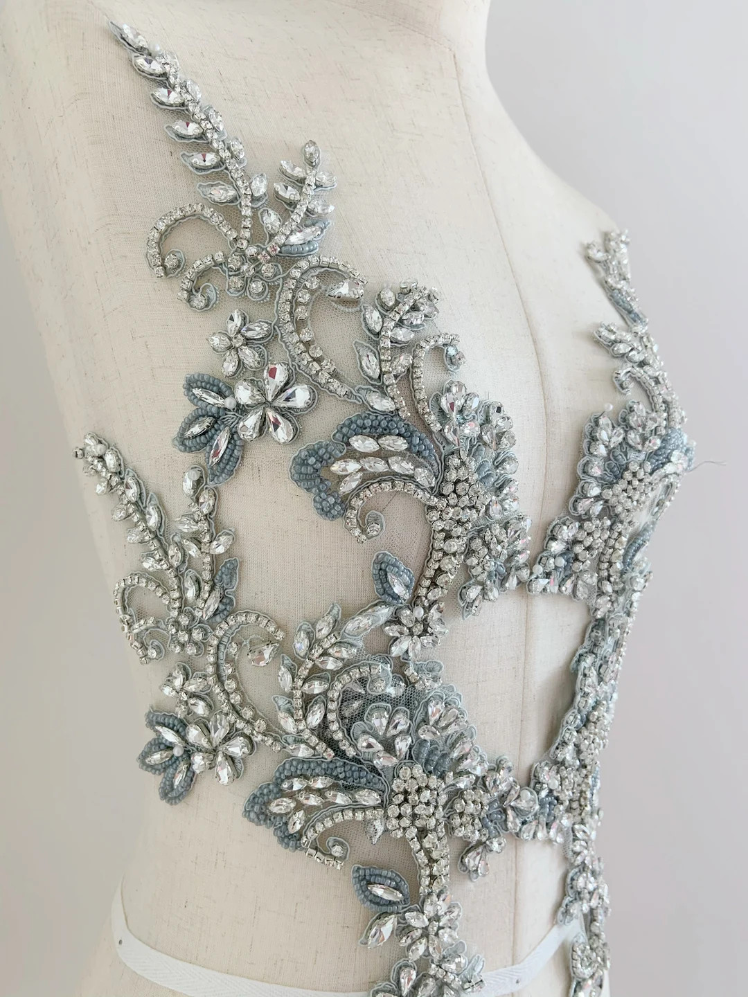 Dust Blue Rhinestone Applique With Florals for Couture, Dress, Costume, Handcrated Rhinestone Pat... | Etsy (US)