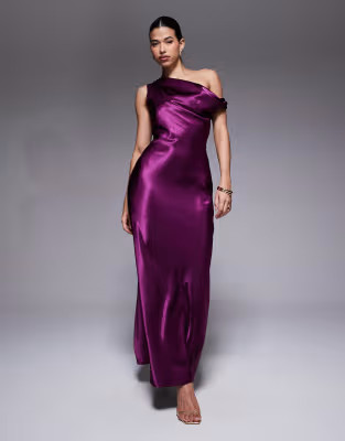 Aria Cove satin drape asymmetric shoulder maxi dress in plum | ASOS (Global)