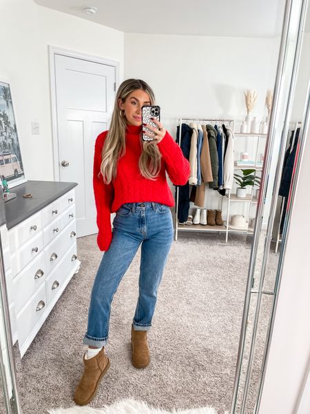 Simple and casual holiday outfit idea 🎄☕️🍒 
+ target sweater: small
+ Abercrombie jeans: 24 extra short in curve love // medium wash 
+ Ugg minis: size 6 

#LTKSeasonal #LTKfindsunder100 #LTKHoliday