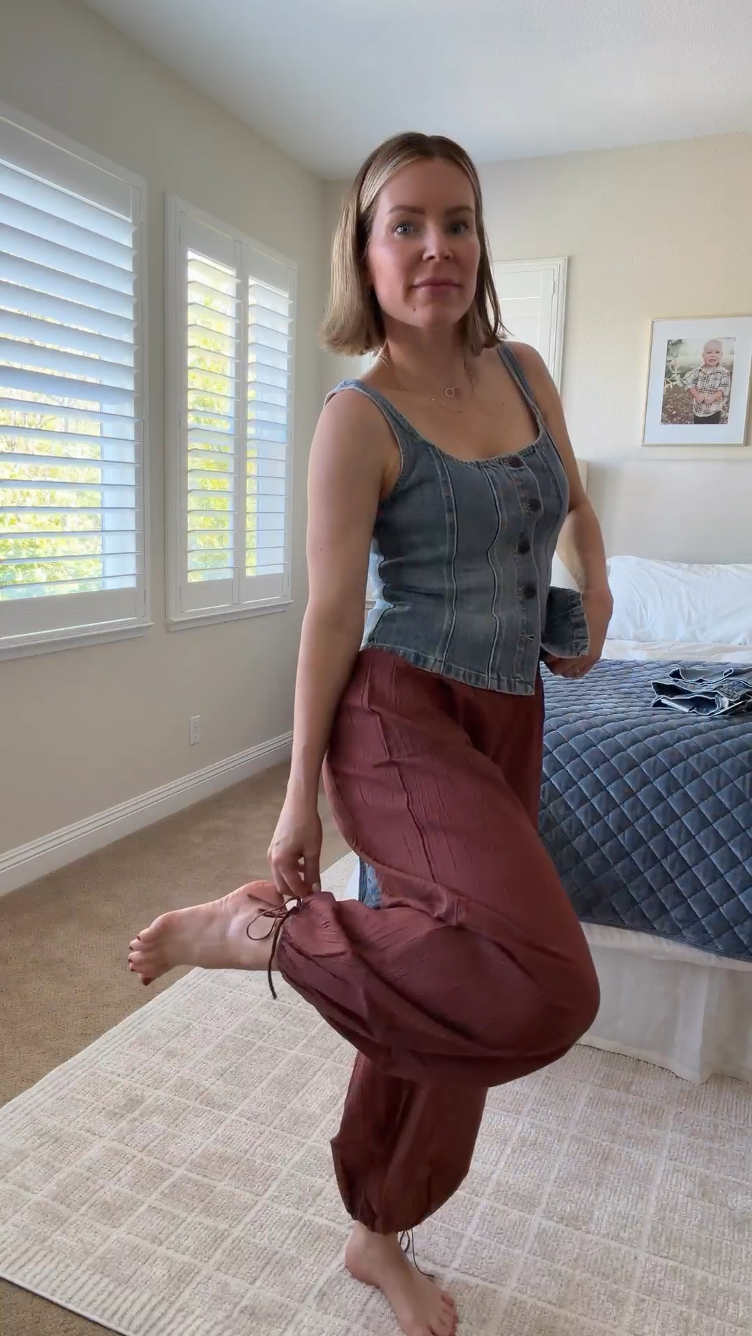 Trying on my H&M order. Pants are a keep. Can’t wait to get matching top. I’m in small. Denim vest is cute. I pulled it tight in the back and I prefer that look, so I’m undecided. Maybe I’ll try an xs. 

#LTKOver40 #LTKSeasonal