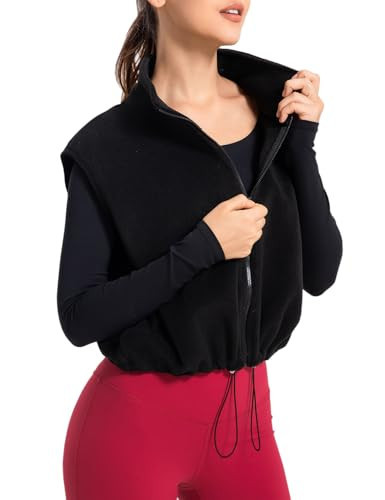 miswek Women's Full Zip Fleece Short Vest Warm Winter Sleeveless Stand Collar Sherpa Crop Coat(Black M) | Amazon (US)