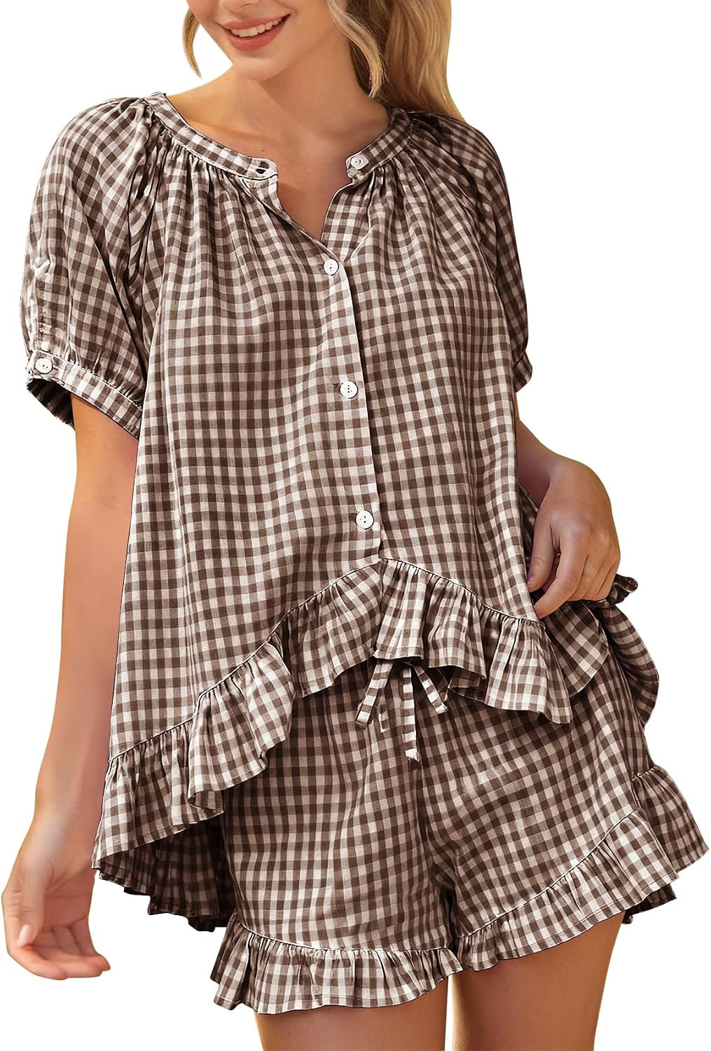 PEHMEA Womens Gingham Pajamas Set 2 Piece Cotton Ruffle Babydoll Lounge Pj | Amazon (US)