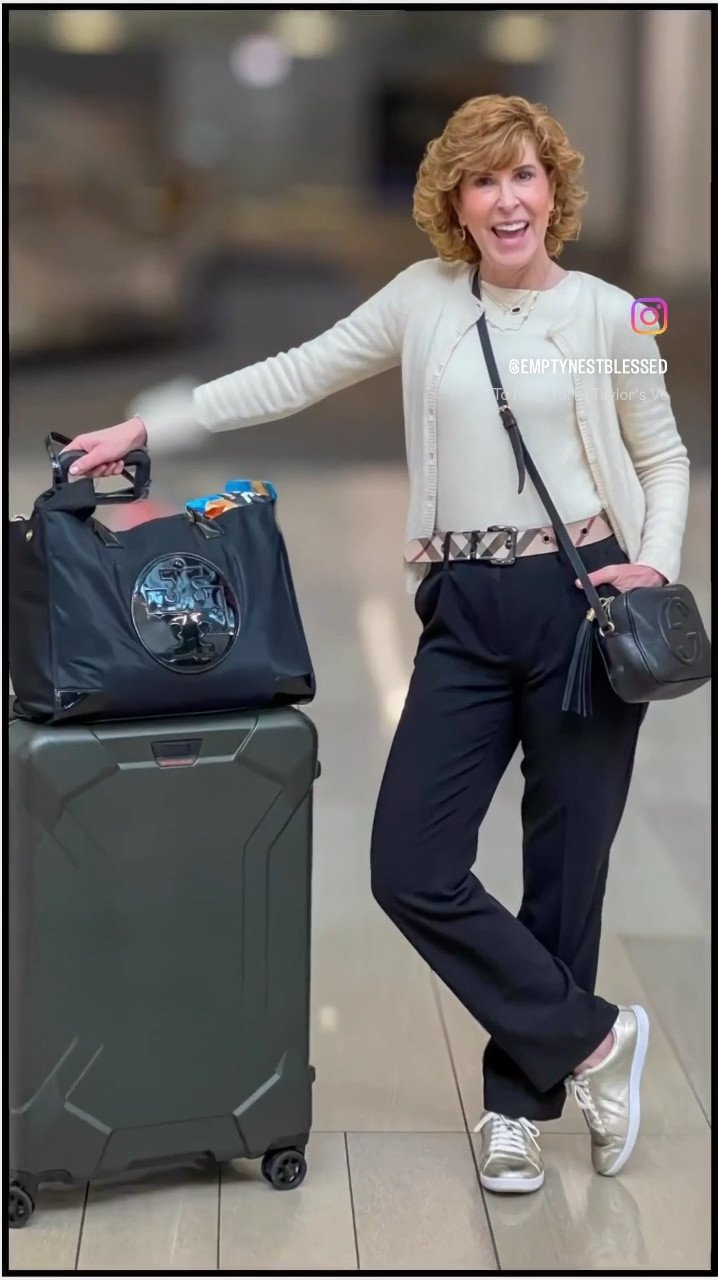 My travel look is an ivory cashmere twin set, black pants, gold sneakers and a Burberry belt. My luggage is Briggs & Riley, with a Tory Burch travel tote.

Follow my shop @emptynestblessed on the @shop.LTK app to shop this post and get my exclusive app-only content!



#LTKVideo #LTKstyletip #LTKtravel