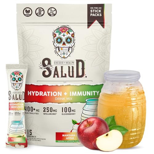 Salud 2-in-1 Hydration Packets + Immunity Electrolytes Powder, Apple - Manzana Agua Fresca Drink Mix, Elderberry, Dairy & Soy Free, Non-GMO, Gluten Free, Vegan, Low Calorie, 1g Sugar (15 Servings) | Amazon (US)