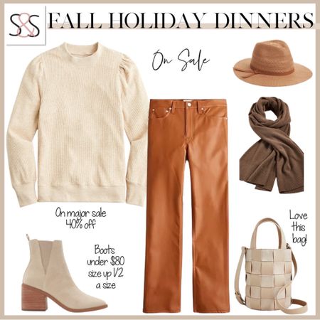 J crew sweater on major sale with fall neutral faux leather pants and brown scarf is perfect for thanksgiving holiday 

#LTKsalealert #LTKU #LTKHoliday