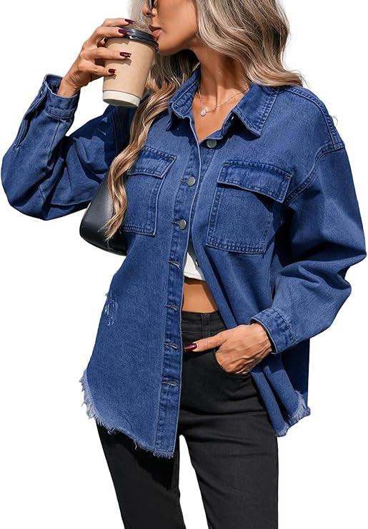 LifeShe Oversized Jean Jacket for Women Button Down Distressed Frayed Hem Shacket Loose Denim Shi... | Amazon (US)