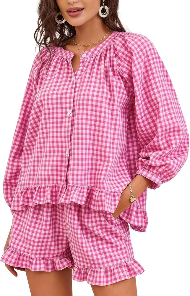 Flygo Women Gingham 2 Piece Pajama Sets Y2K Plaid Ruffle Short Sets Raglan Sleeve Shirt Lounge Sh... | Amazon (US)
