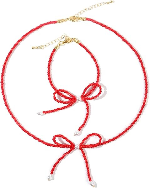 Seed Beads Bow Pearl Bracelets Necklaces Set for Women, Boho Adjustable Handmade Choker Necklace ... | Amazon (US)