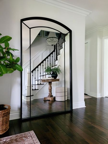 Entryway decor inspo with this floor mirror,  console table,  and round ottoman! Fiddle leaf fig,  faux tree, arch mirror,  Amazon home

#LTKHome #LTKFindsUnder100
