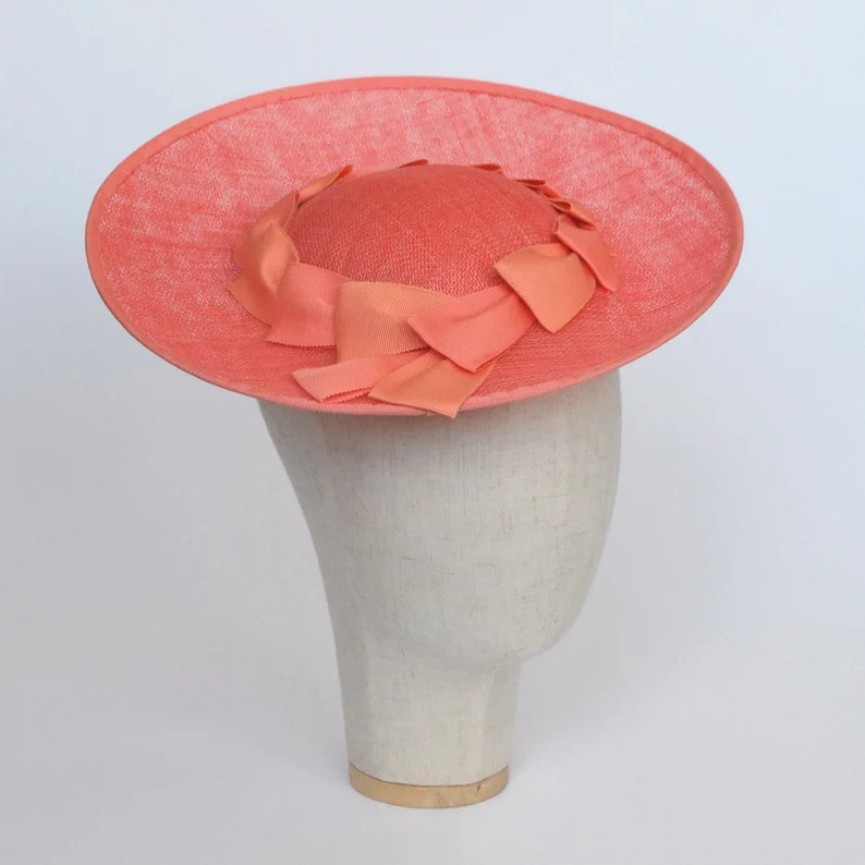 Coral Sinamay Brimmed Hat with Ribbon Trim, Coral Race Day Hat, Coral Wedding Hat, Coral Ascot Ha... | Etsy (US)