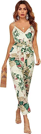 SheIn Women's Wrap V Neck Floral Print Adjustable Spaghetti Strap Tie Waist Jumpsuits | Amazon (US)