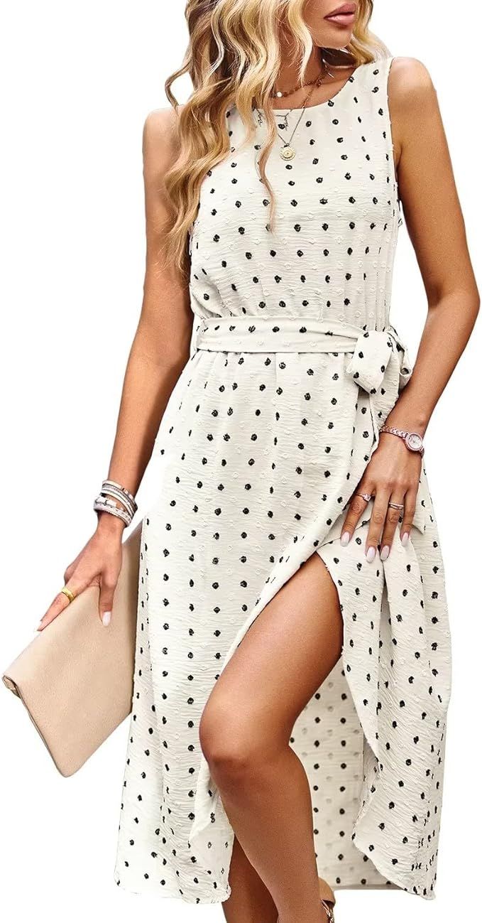 Summer Dresses for Women 2024 Belted Sleeveless Split Midi Dress Casual Crew Neck Boho Sundress w... | Amazon (US)