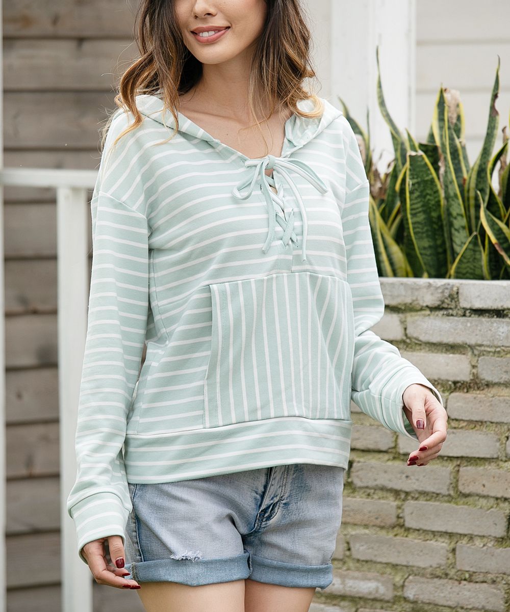 Z Avenue Women's Sweatshirts and Hoodies Mint - Mint Stripe Lace-Up Accent Hoodie - Women & Plus | Zulily