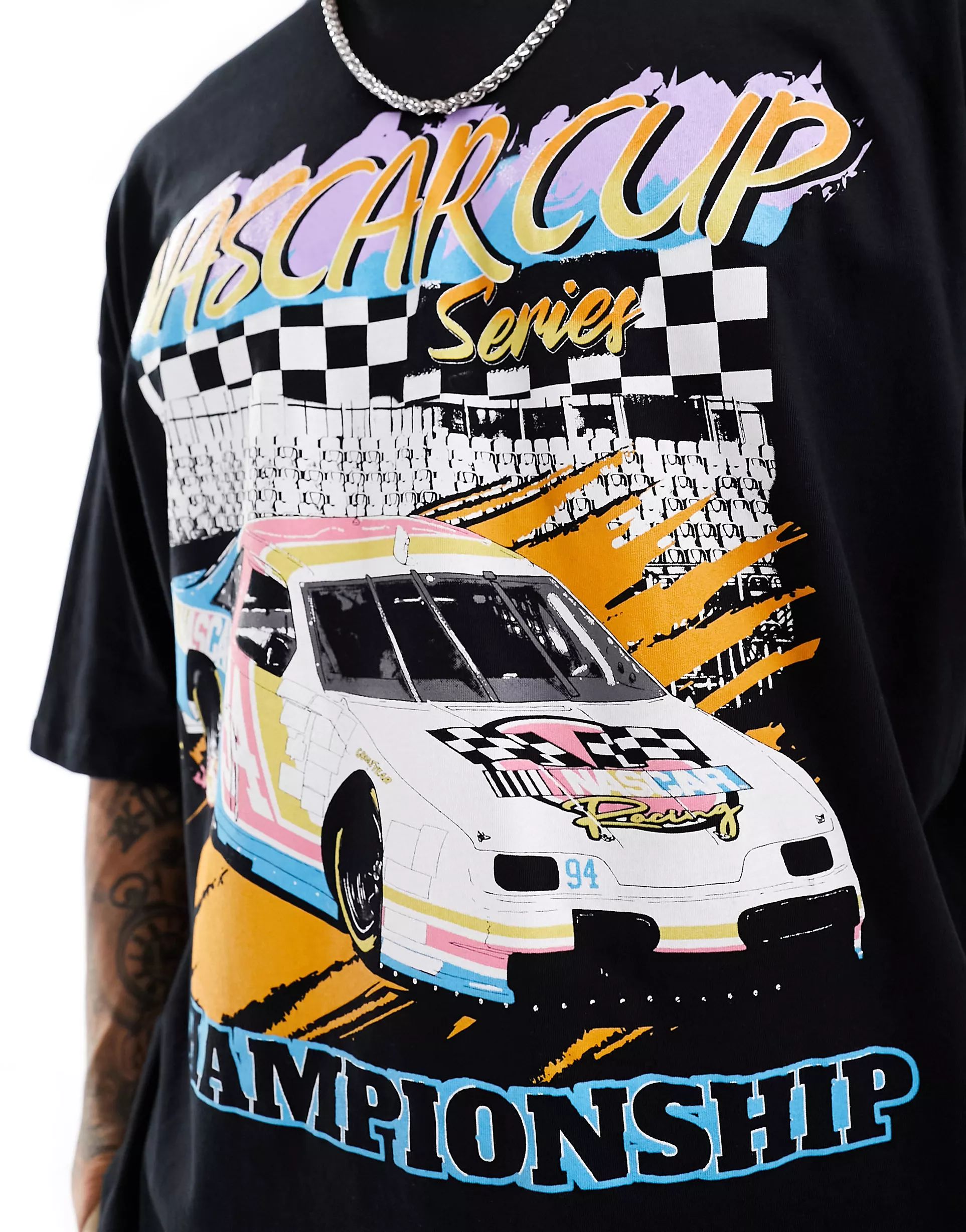 ASOS DESIGN unisex oversized graphic license tee in black with Nascar print | ASOS (Global)