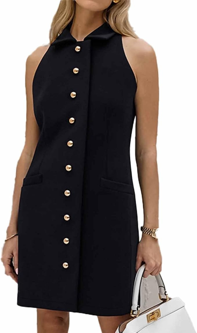 Oagasi Sexy Y2k Sleevless Slim Fit Mini Dress Buttons Up High Neck Elegant Bodycon Party Dress fo... | Amazon (US)