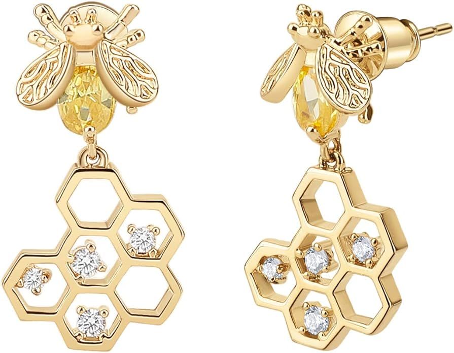 Emibele Gold Plated Earrings for Women, Small Bee & Honeycomb Drop Earrings with 925 Sterling Sil... | Amazon (US)