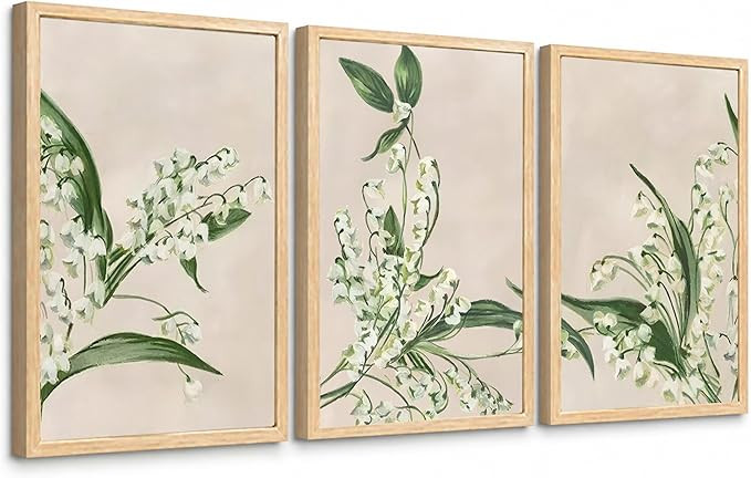Lily of the Valley Wall Art Set of 3 Framed Canvas Prints, Green Botanical Floral Painting with N... | Amazon (US)