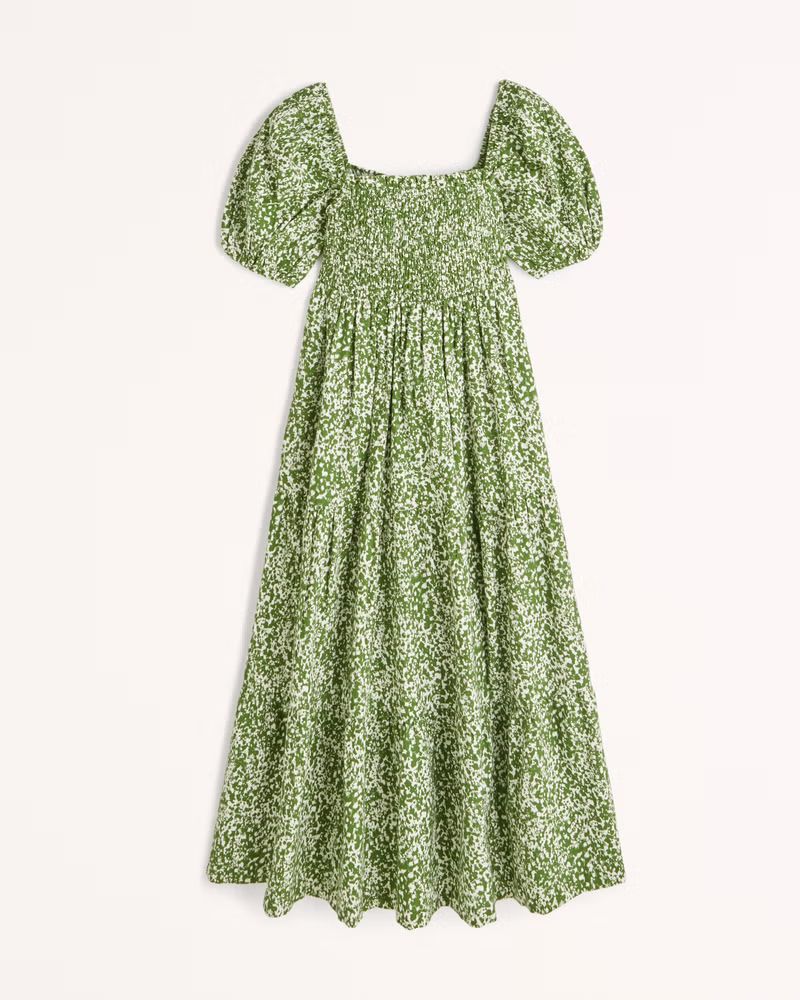 Smocked Bodice Linen-Blend Midi Dress | Abercrombie & Fitch (UK)