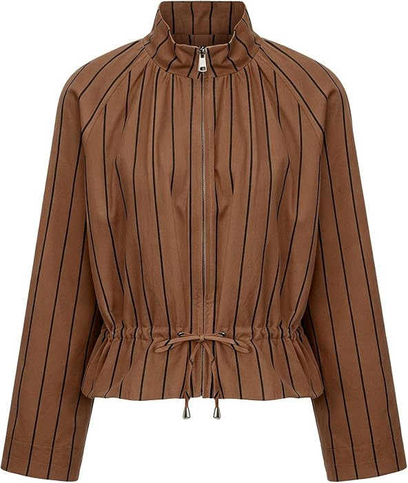 HOULENGS Womens Funnel Neck Jackets Striped Lightweight Cropped Jacket | Amazon (US)