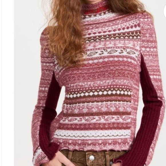 Free People Bali Juniper Turtleneck Sweater Rhubarb Red Fairisle Size Medium | Poshmark
