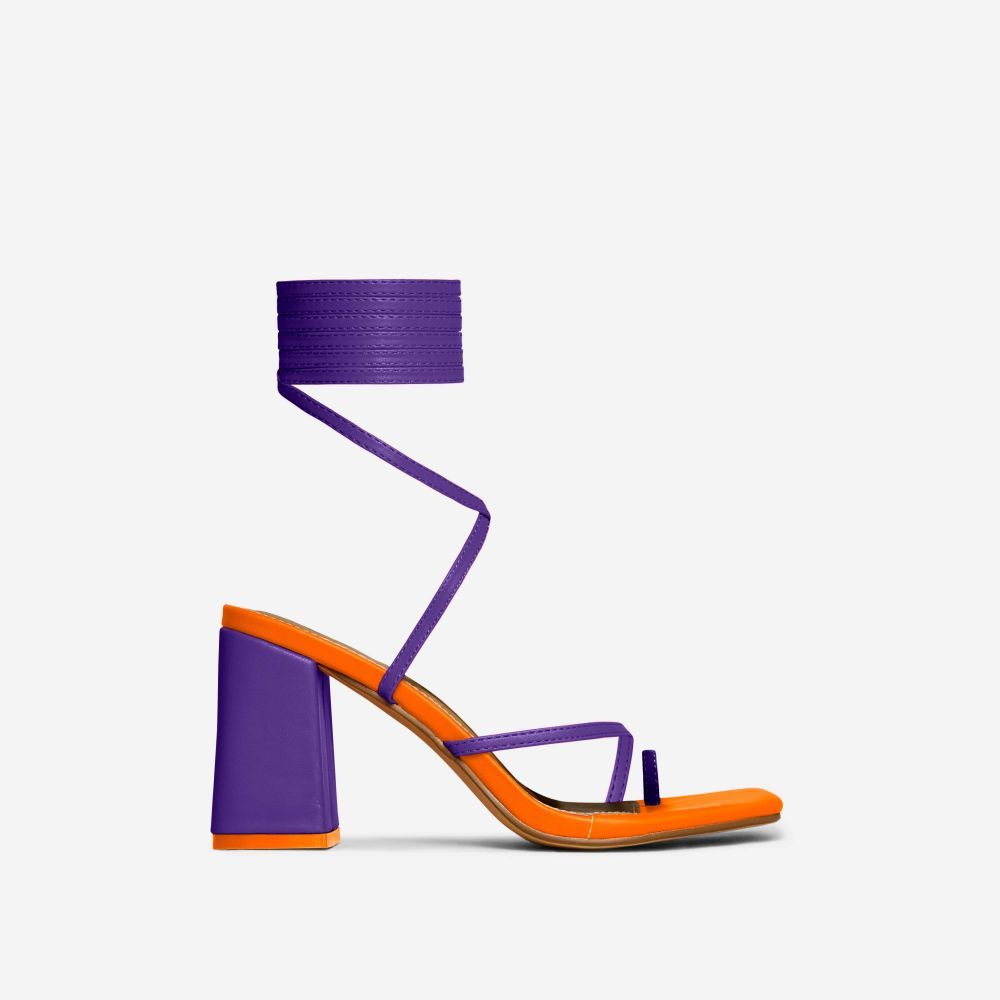 Follow-Heart Lace Up Strappy Square Toe Low Block Heel In Purple And Orange Faux Leather | EGO Shoes (US & Canada)