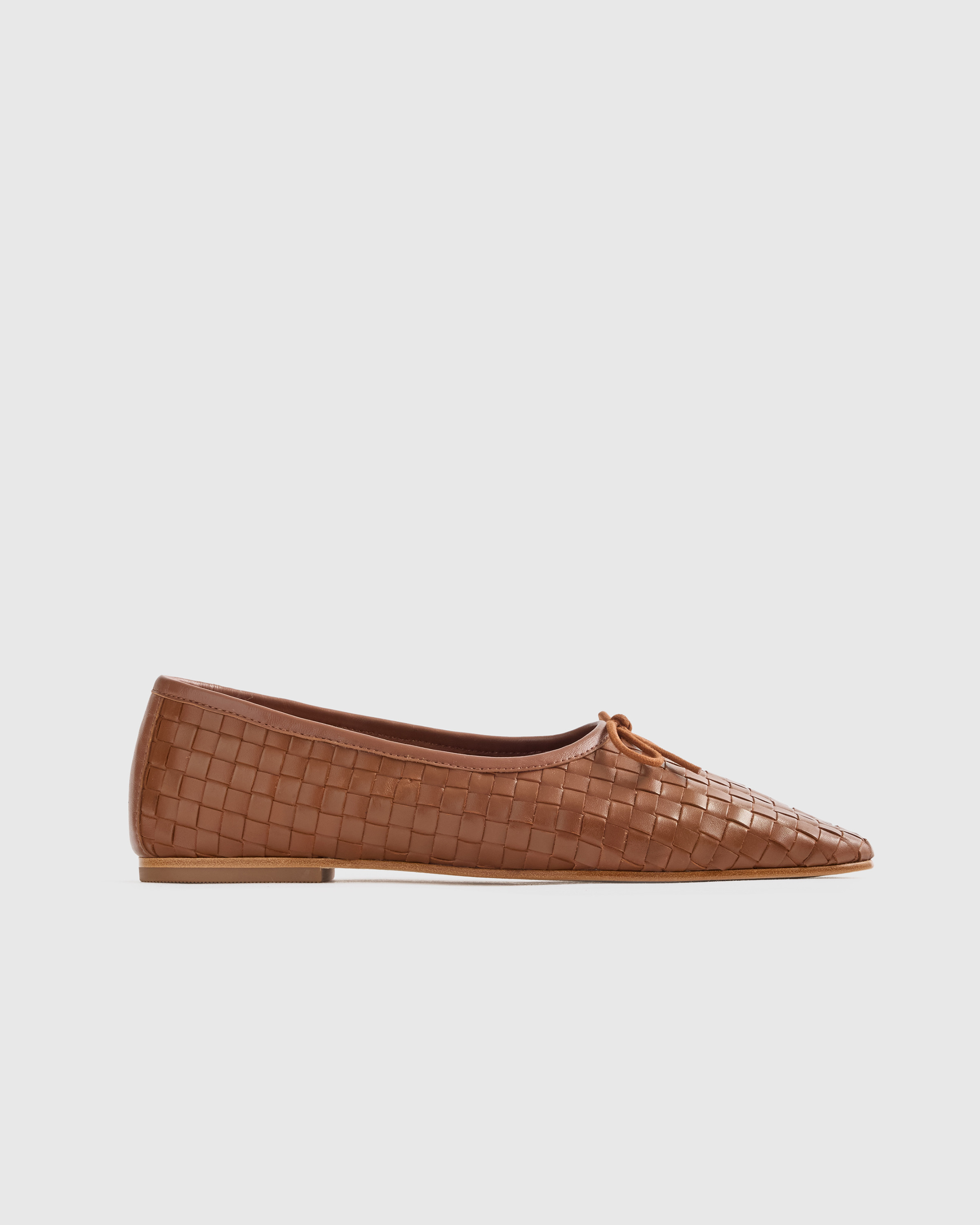 Quince | Women's Italian Leather Handwoven Square Toe Ballet Flat in Cognac, Size 5 | Quince