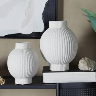 CosmoLiving by Cosmopolitan 11 in., 9 in. White Ribbed Ceramic Decorative Vase (Set of 2) 042798 ... | The Home Depot