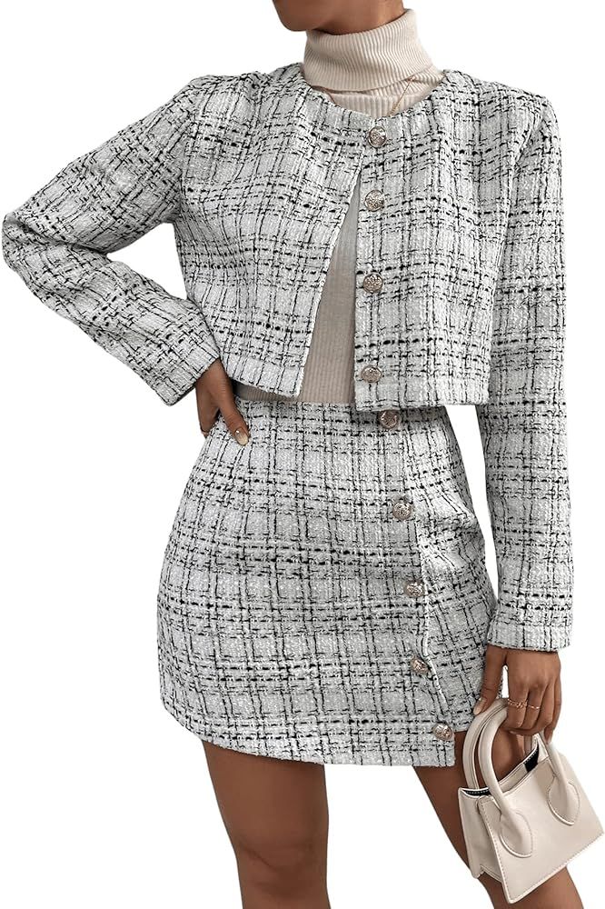 SweatyRocks Women's Business Suit 2 Pieces Tweed Blazer Jacket Coat and Skirt Set | Amazon (US)