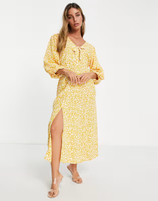 River Island tie front printed midi dress in yellow | ASOS (Global)