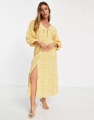 River Island tie front printed midi dress in yellow | ASOS (Global)