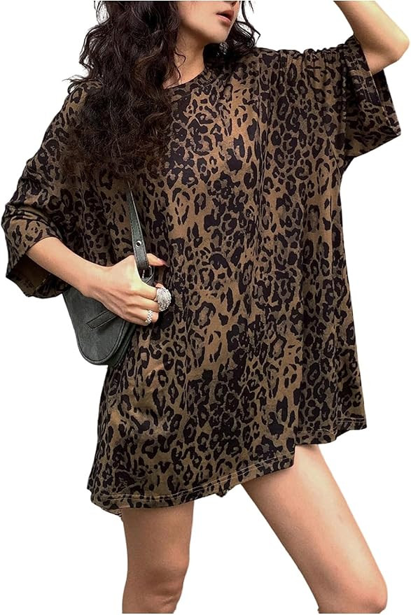 SHENHE Women's Oversized Leopard Print Top Crew Neck Short Sleeve Y2k Baggy Shirt Tee | Amazon (US)