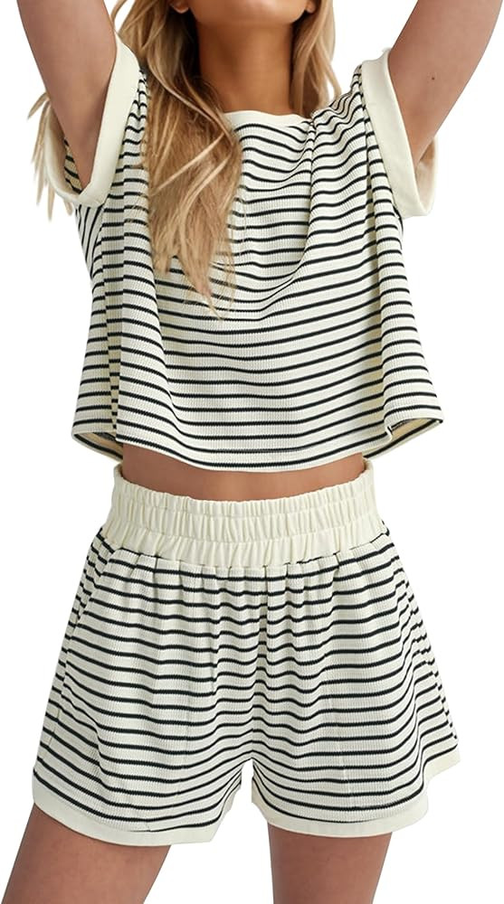 Women Summer 2 Piece Lounge Sets Striped Short Sleeve Tee Shirts Mini Shorts Loungewear Shorts Se... | Amazon (US)