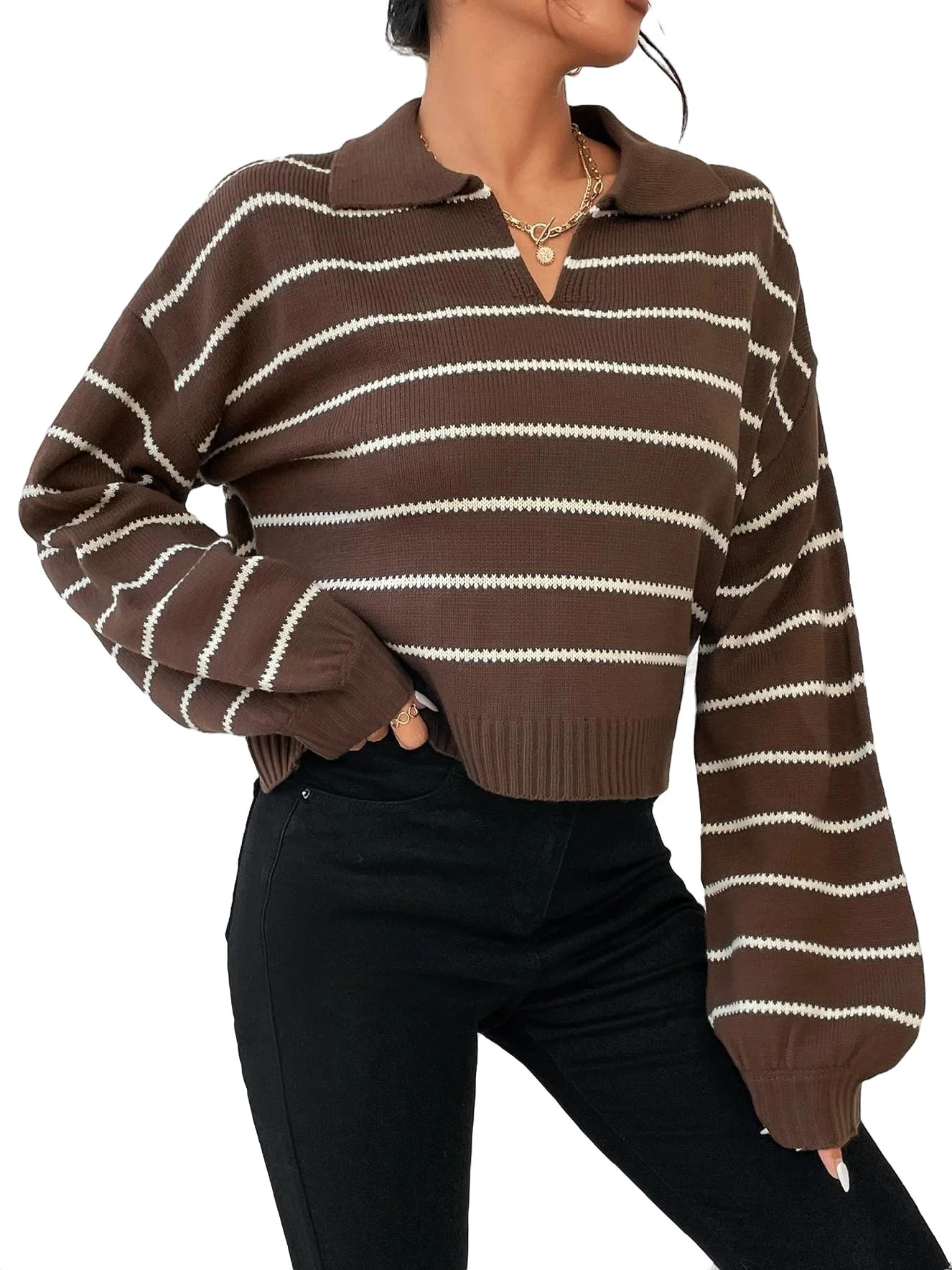 Casual Striped Collar Pullovers Long Sleeve Brown Women Sweaters (Women's) | Walmart (US)