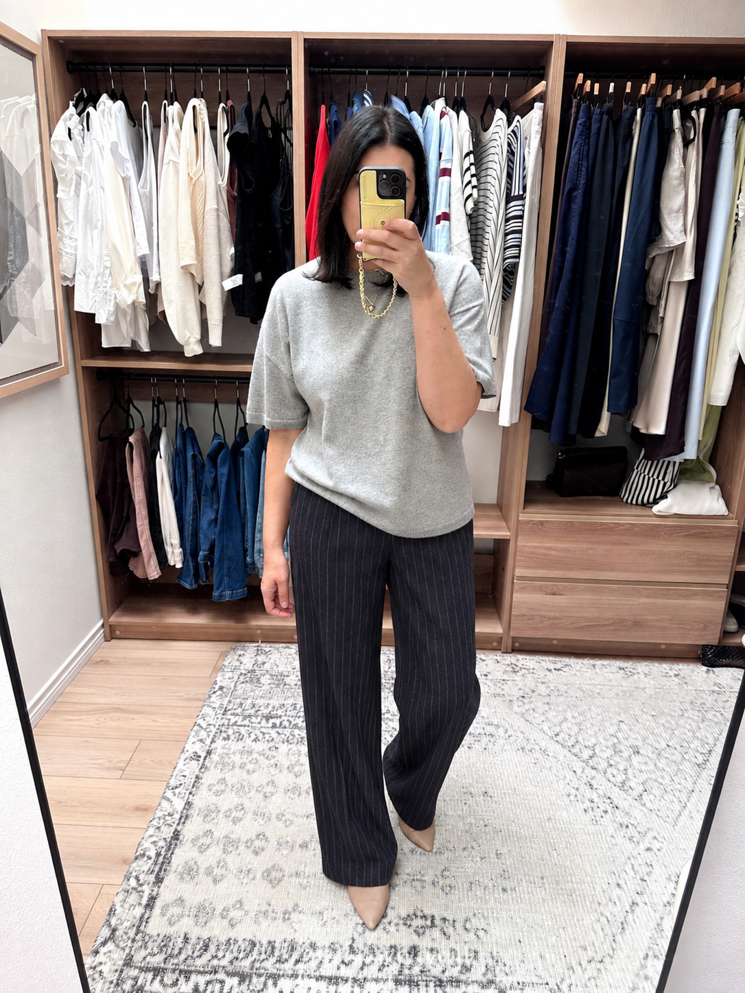 Madewell Insider Event! 25% off! This is a sweater I’ve had for a few years but it is a favorite. They keep bringing in back and I know why! I am in the medium here but with the updated sizing, the large would fit like this. (I tried the large in the navy in the store.) This sweater tee is incredibly versatile, I wear it all fall / winter long. 

I’m in the large of the Devon pants – they run loose! But I like the extra length and wearing them a little lower on my hips.  

 