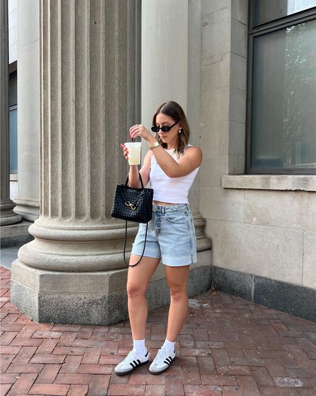 4/30/24 Found the perfect baggy shorts 🫶🏼 Baggy shorts, jean shorts, denim shorts, high rise jean shorts, basic white tank top, casual outfit ideas, casual outfit inspo, casual spring style, casual summer outfits