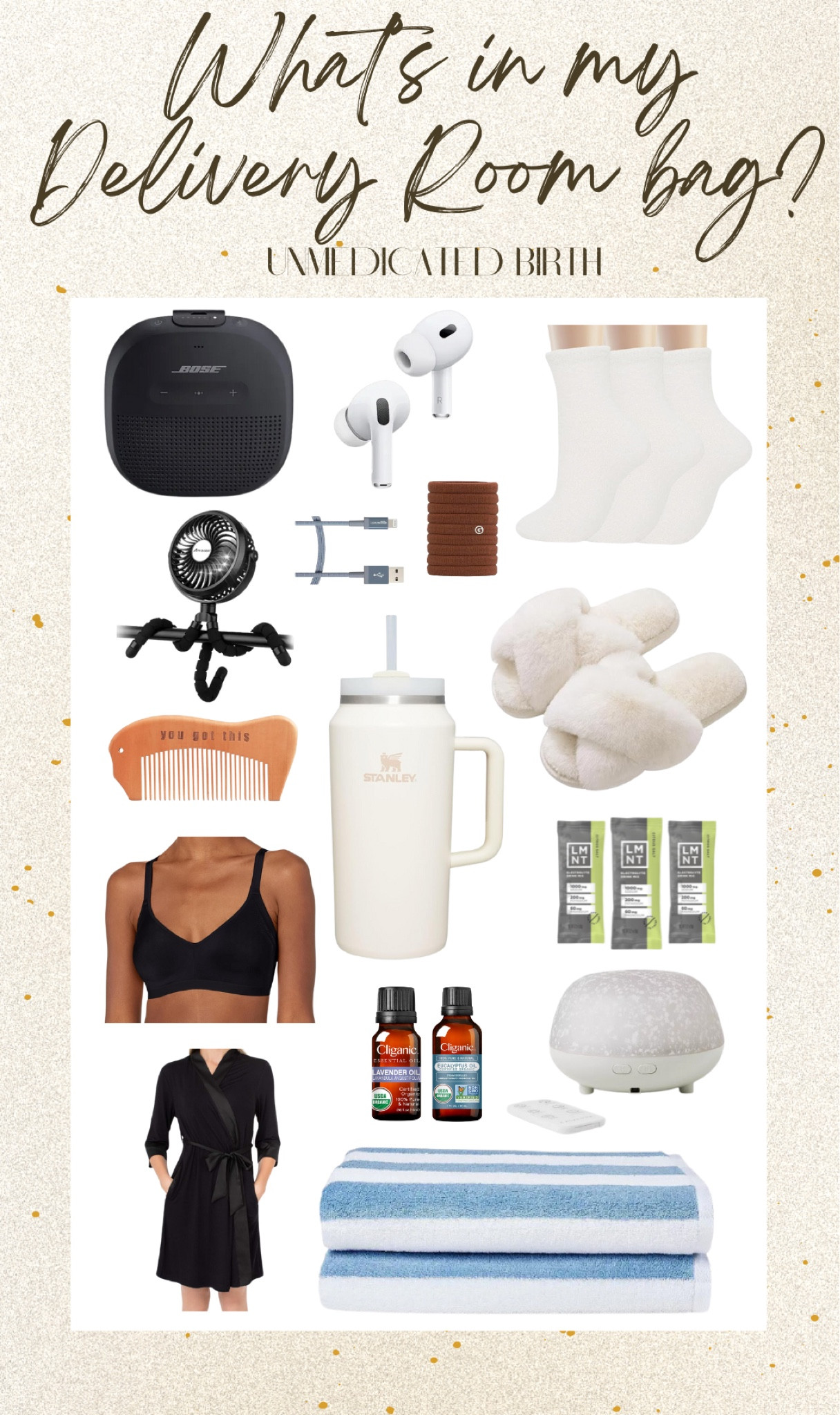 What I packed for my unmedicated hospital birth! 
1. Sports Bra (with a back strap to quickly take off once baby is born for skin to skin) to wear during labor while in and out of the tub/shower. 
2. Robe for immediately after before heading to Postpartum room. 
3. Diffuser and Speak to set the mood/atmosphere to keep my mind focused on the goal. 
4. Bath towels for myself and hubby because the hospital towels are tiny. 
5. Electrolytes! 
6. Birth comb and earbuds to use as a distraction. 
DONT FORGET SNACKS!! 

birth, hospital, labor and delivery, L&D, hospital bag, baby, unmedicatedd

#LTKbump #LTKbaby #LTKfindsunder50