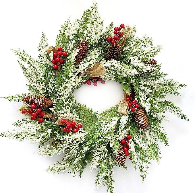 23” Artificial Christmas Wreath for Front Door with Pine Cone, Red Berries, Burlap Ribbon & Sno... | Amazon (US)