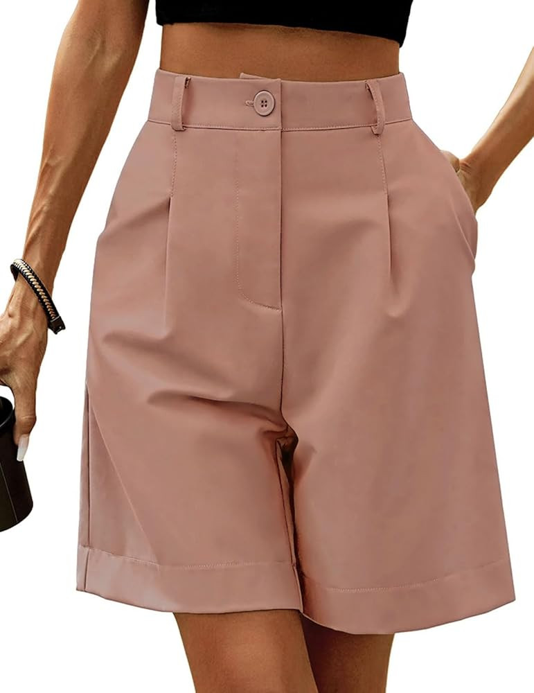 Women's Casual Bermuda Shorts Elastic Waist Wide Leg Knee Length Summer Shorts with Pockets | Amazon (US)