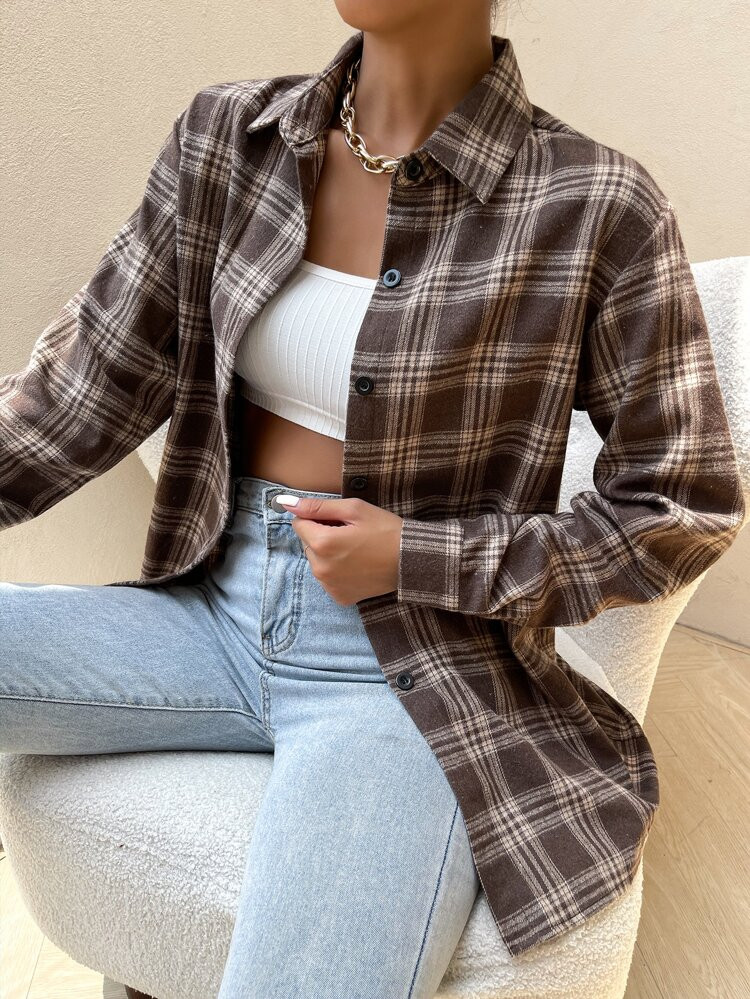 Tartan Print Curved Hem Shirt | SHEIN