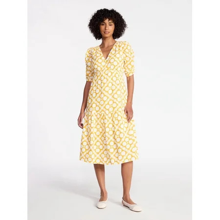 Time and Tru Women's Cotton Tiered Midi Dress with Elbow Length Sleeves, Sizes XS-XXXL | Walmart (US)