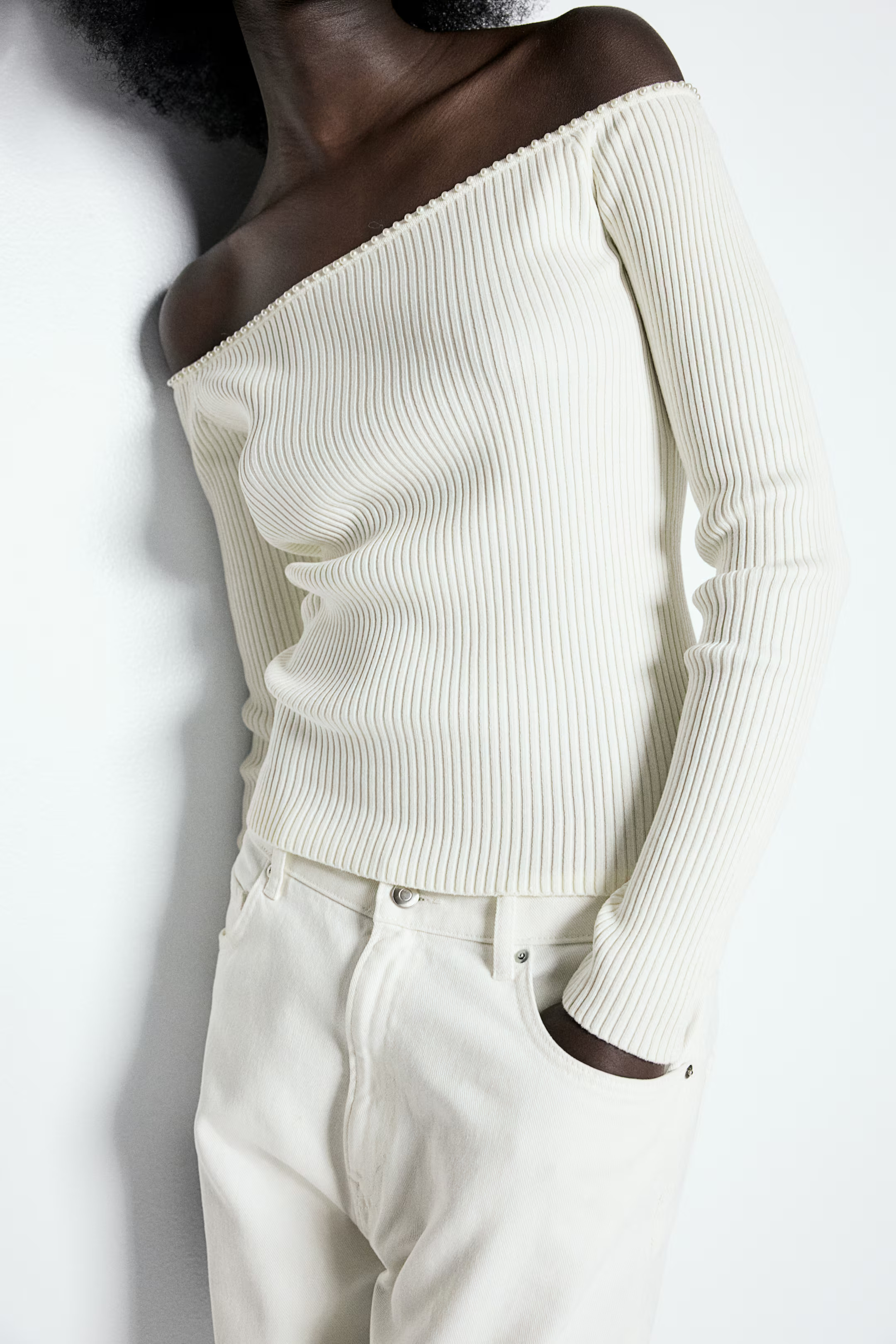 Bead-Detail Off-the-Shoulder Top - Cream - Ladies | H&M US | H&M (US + CA)