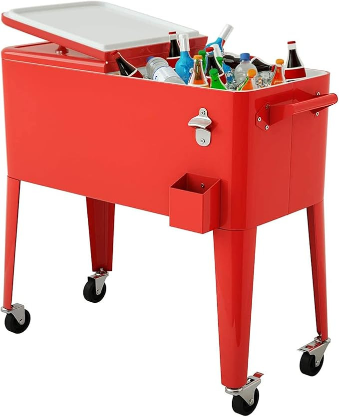 Giantex 80 Quart Rolling Cooler Cart, Steel Patio Cooler with Locking Wheels, Bottle Opener, Drai... | Amazon (US)