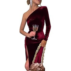 YMDUCH Women's Sexy Elegant One Shoulder Long Sleeve Velvet Ruched Slit Party Long Dress | Amazon (US)