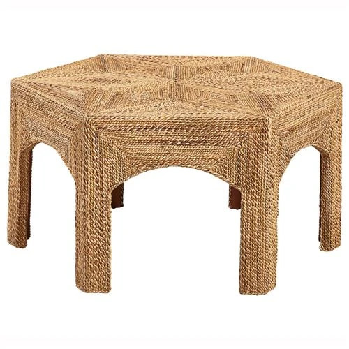 Xiomara Coastal Beach Brown Woven Mahogany Wood Hexagon Classic Coffee Table | Kathy Kuo Home