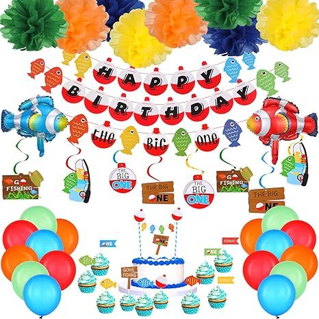 55 Piece Gone Fishing Party Supplies Happy Birthday Banner The Big One Banner Multicolor Pom Pom ... | Amazon (US)