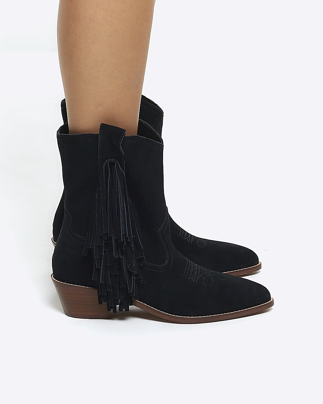 Black suede fringe detail western boots | River Island (UK & IE)