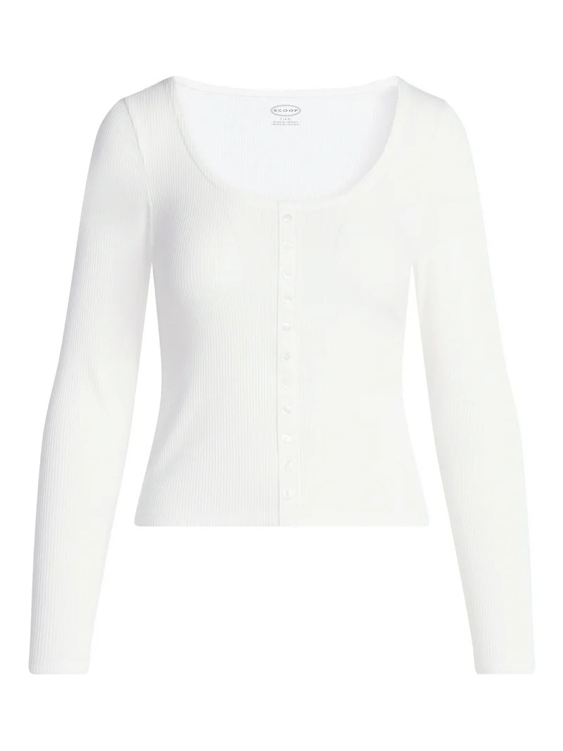 Scoop Women’s Lace Trim Scoop Neck Ribbed Tee with Long Sleeves, Sizes XS-XXL | Walmart (US)